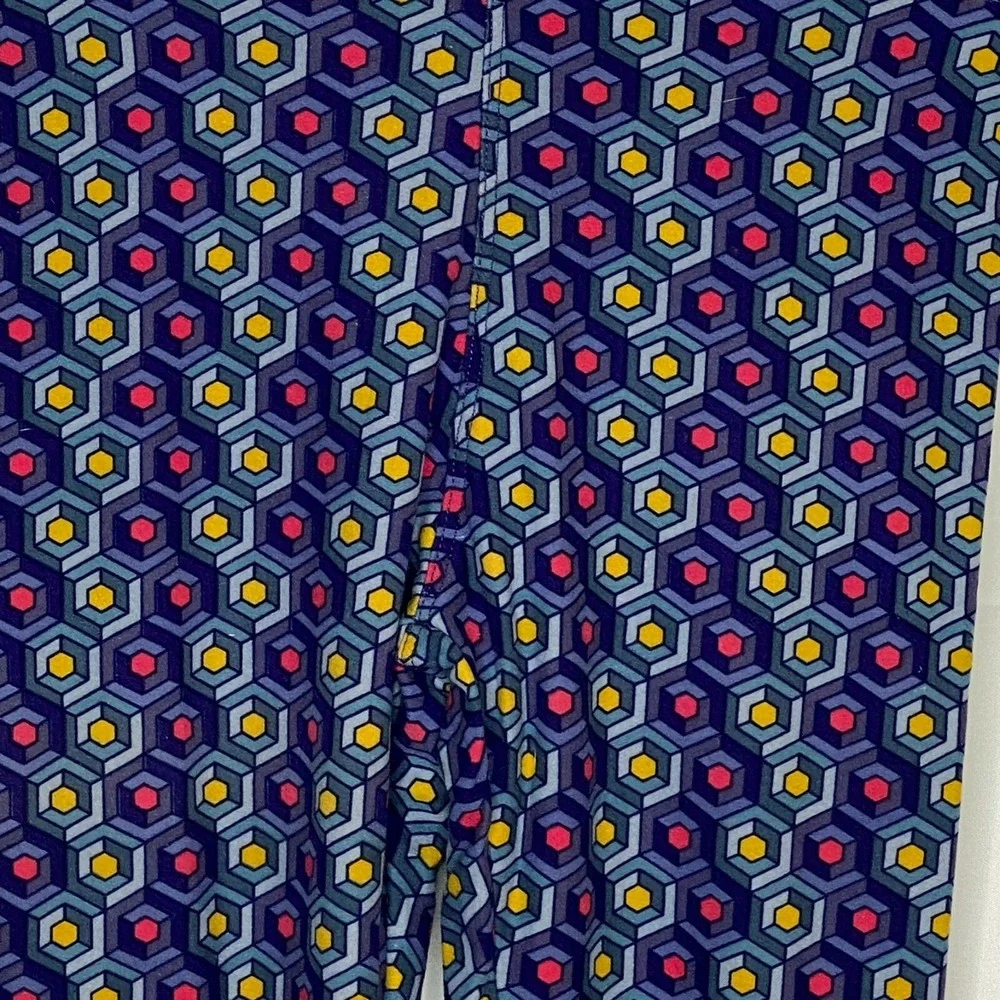 LuLaRoe Tween Kids Geometric Hexagon Leggings Blue Yellow Pink  Mod Slim Fit